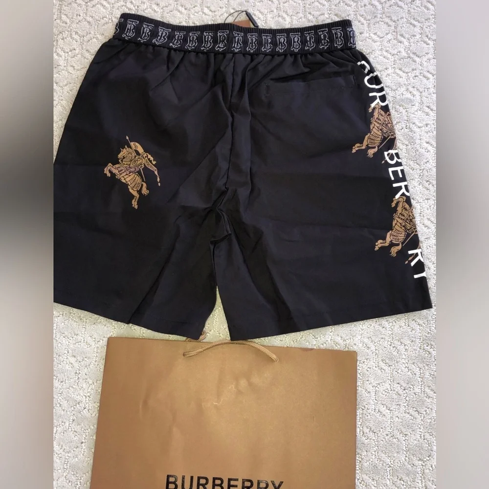 Burberry Black Athletic Shorts with White TB Logo and Gold Crest